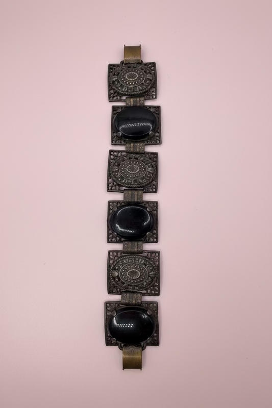 Vintage Victorian Revival Onyx Resin & Filigree Panel Bracelet