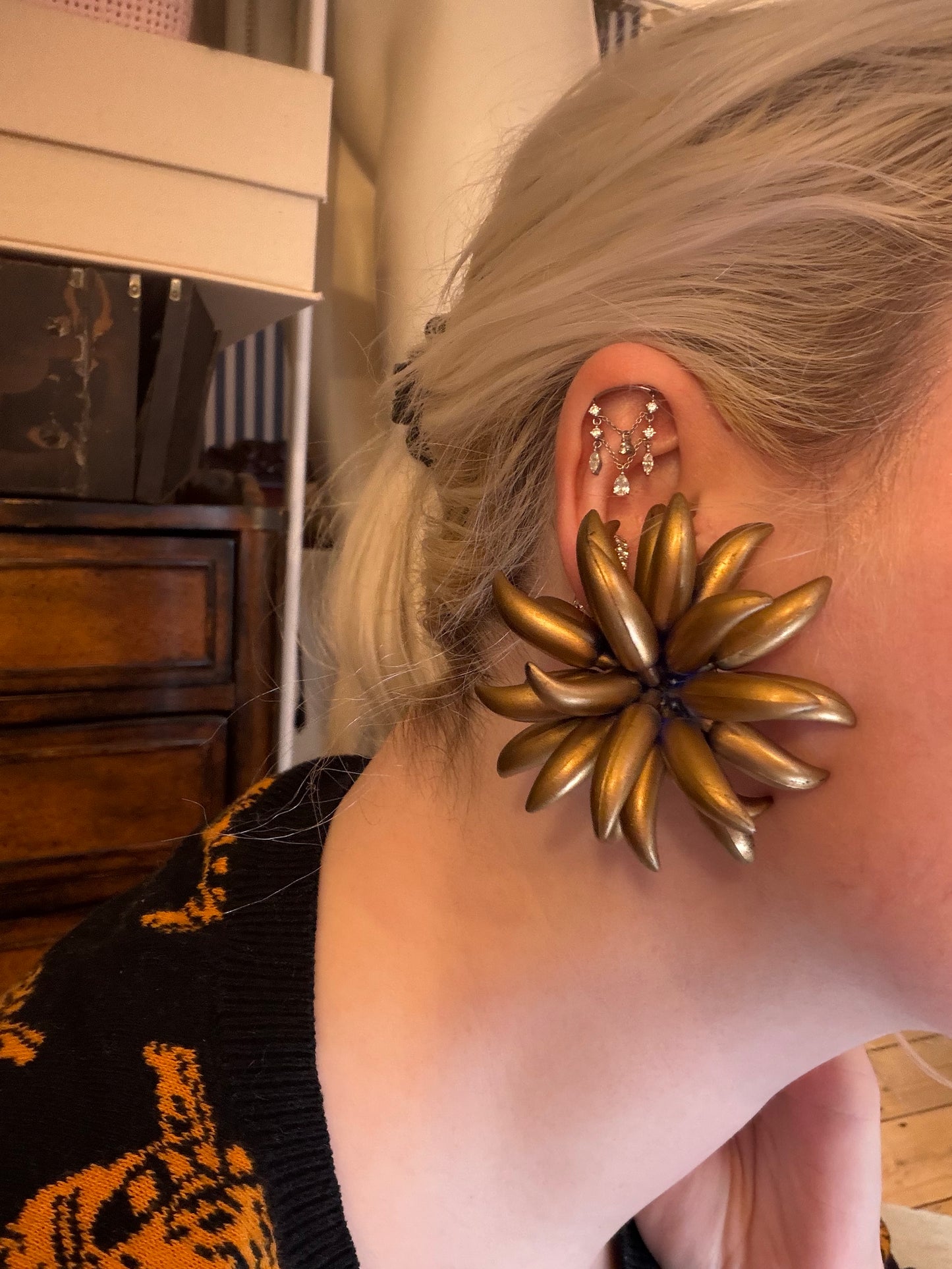 Vintage Huge Midcentury Chunky Gold Flower Clip On Earrings