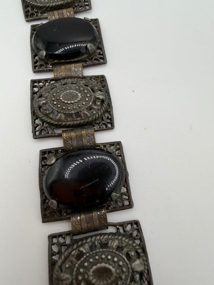 Vintage Victorian Revival Onyx Resin & Filigree Panel Bracelet