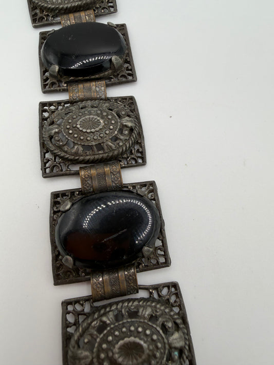 Vintage Victorian Revival Onyx Resin & Filigree Panel Bracelet