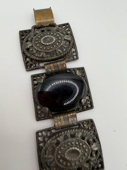 Vintage Victorian Revival Onyx Resin & Filigree Panel Bracelet