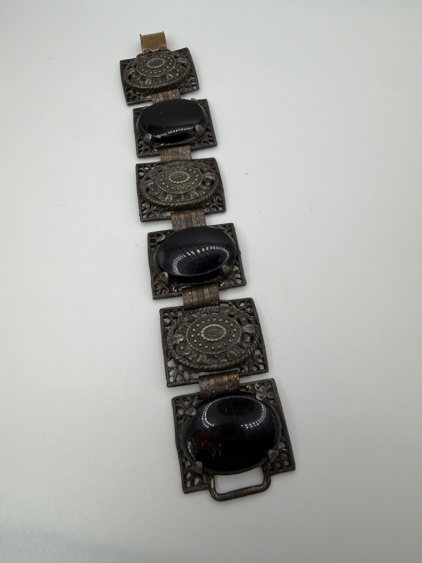 Vintage Victorian Revival Onyx Resin & Filigree Panel Bracelet