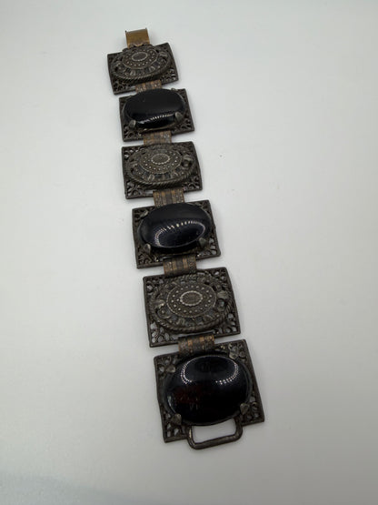 Vintage Victorian Revival Onyx Resin & Filigree Panel Bracelet