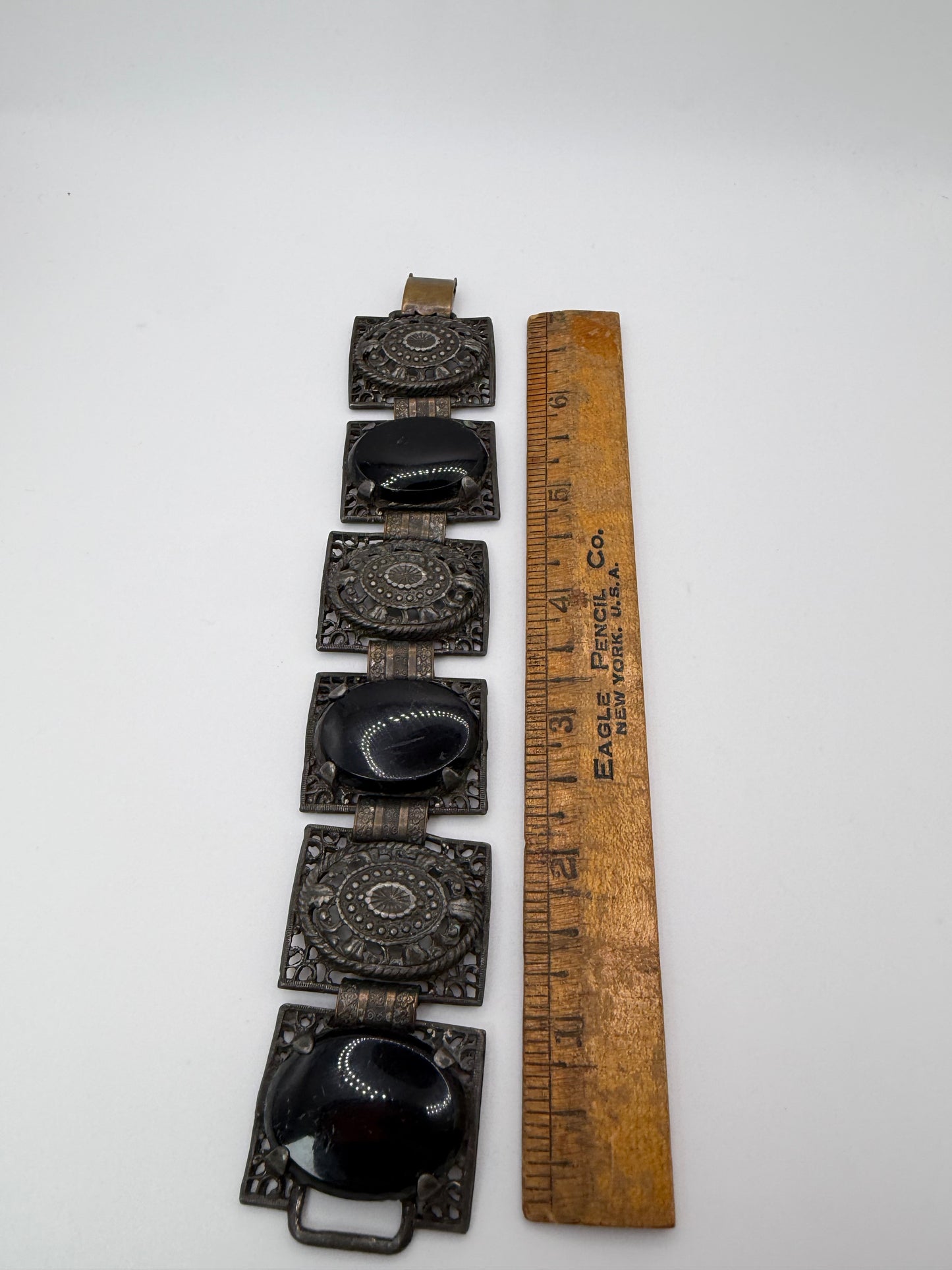 Vintage Victorian Revival Onyx Resin & Filigree Panel Bracelet