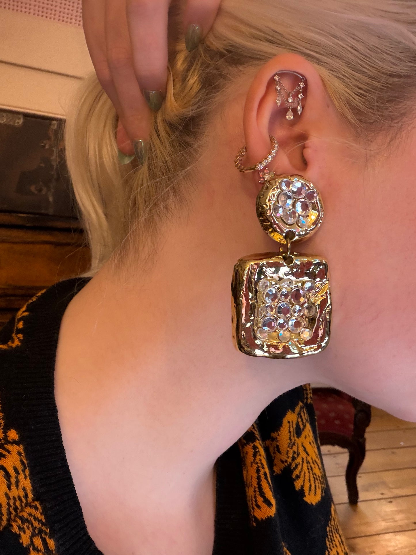 Vintage Geometric Sparkler Rhinestone Clip On Earrings