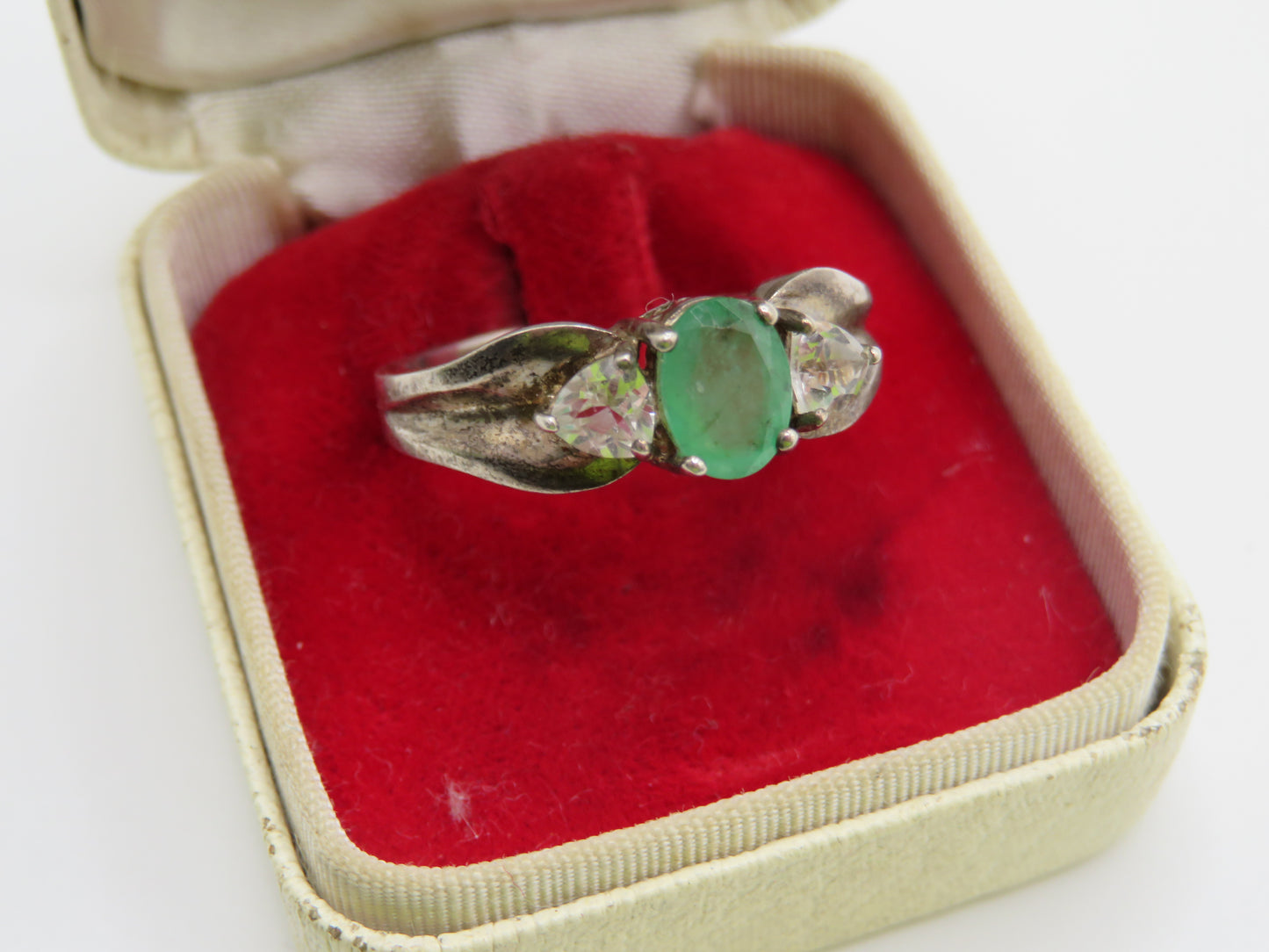 Vintage Sterling Silver Emerald & White Topaz Ring