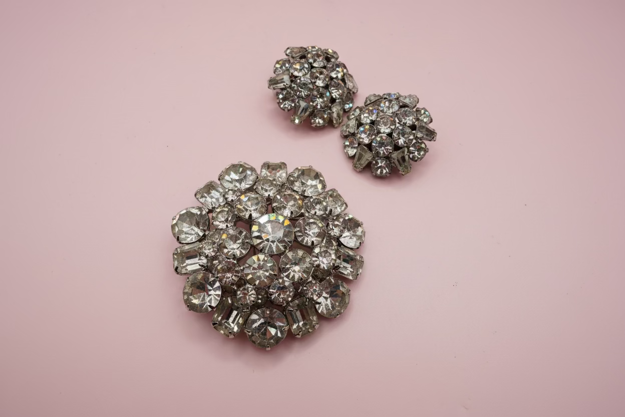 Vintage Sparkling Midcentury Domed Rhinestone Brooch & Earrings Set