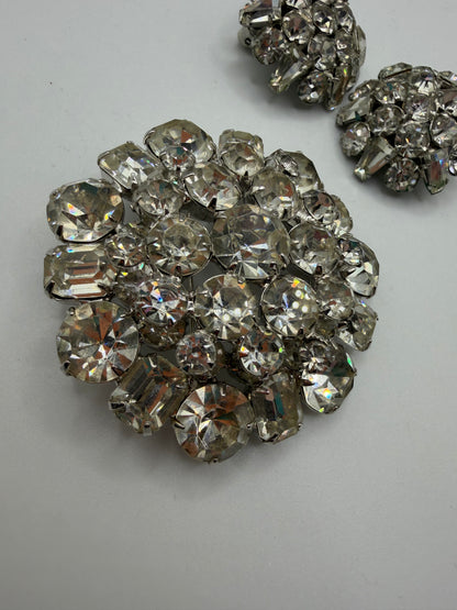 Vintage Sparkling Midcentury Domed Rhinestone Brooch & Earrings Set