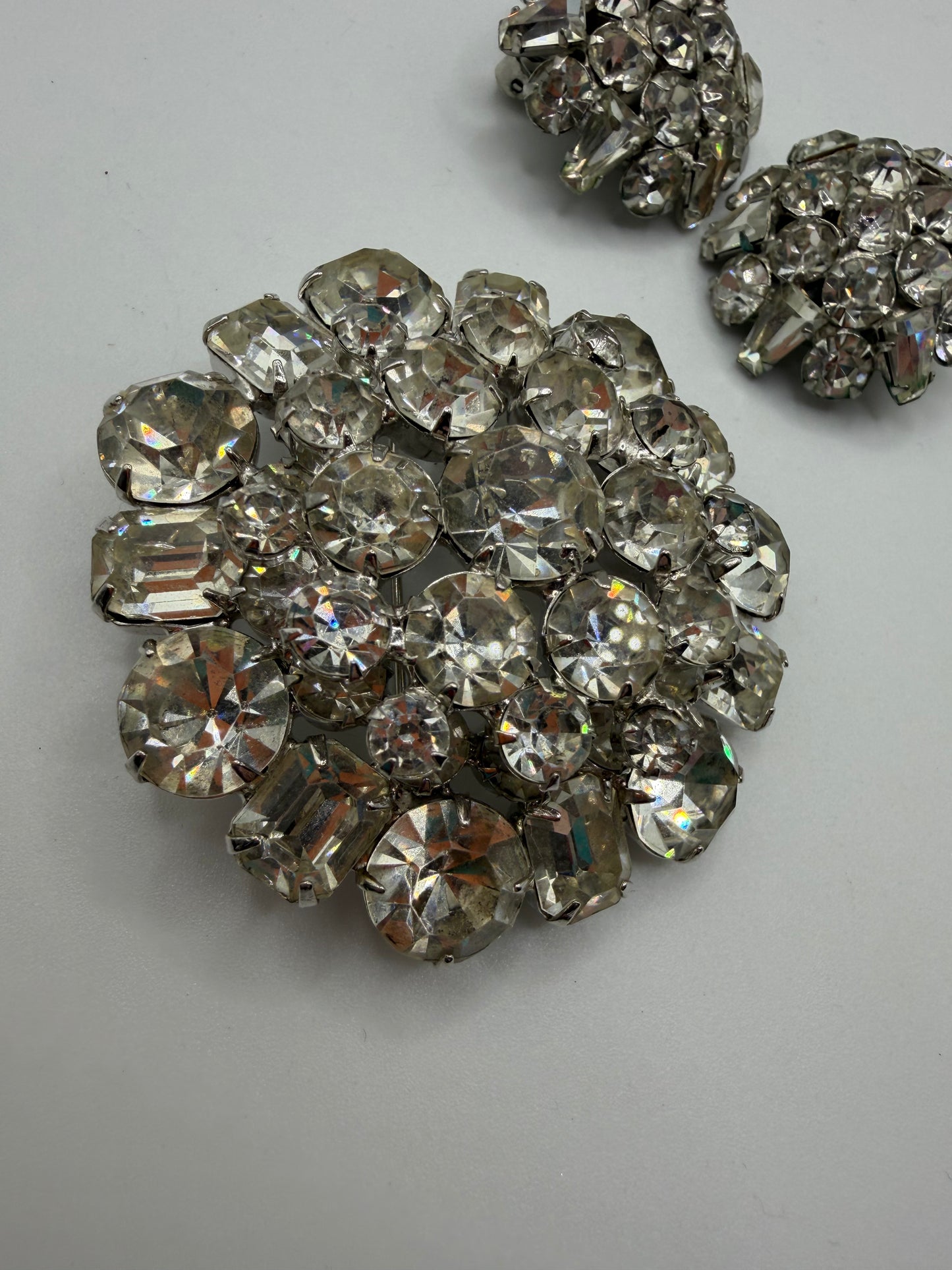 Vintage Sparkling Midcentury Domed Rhinestone Brooch & Earrings Set
