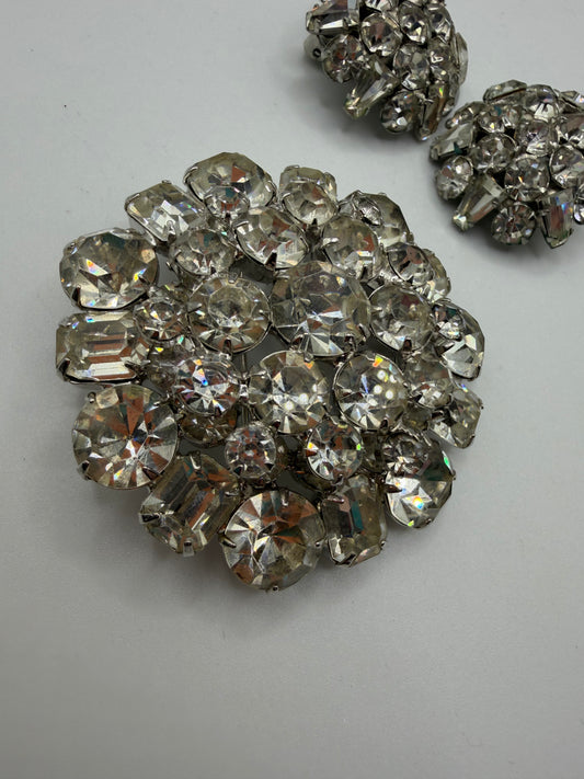 Vintage Sparkling Midcentury Domed Rhinestone Brooch & Earrings Set
