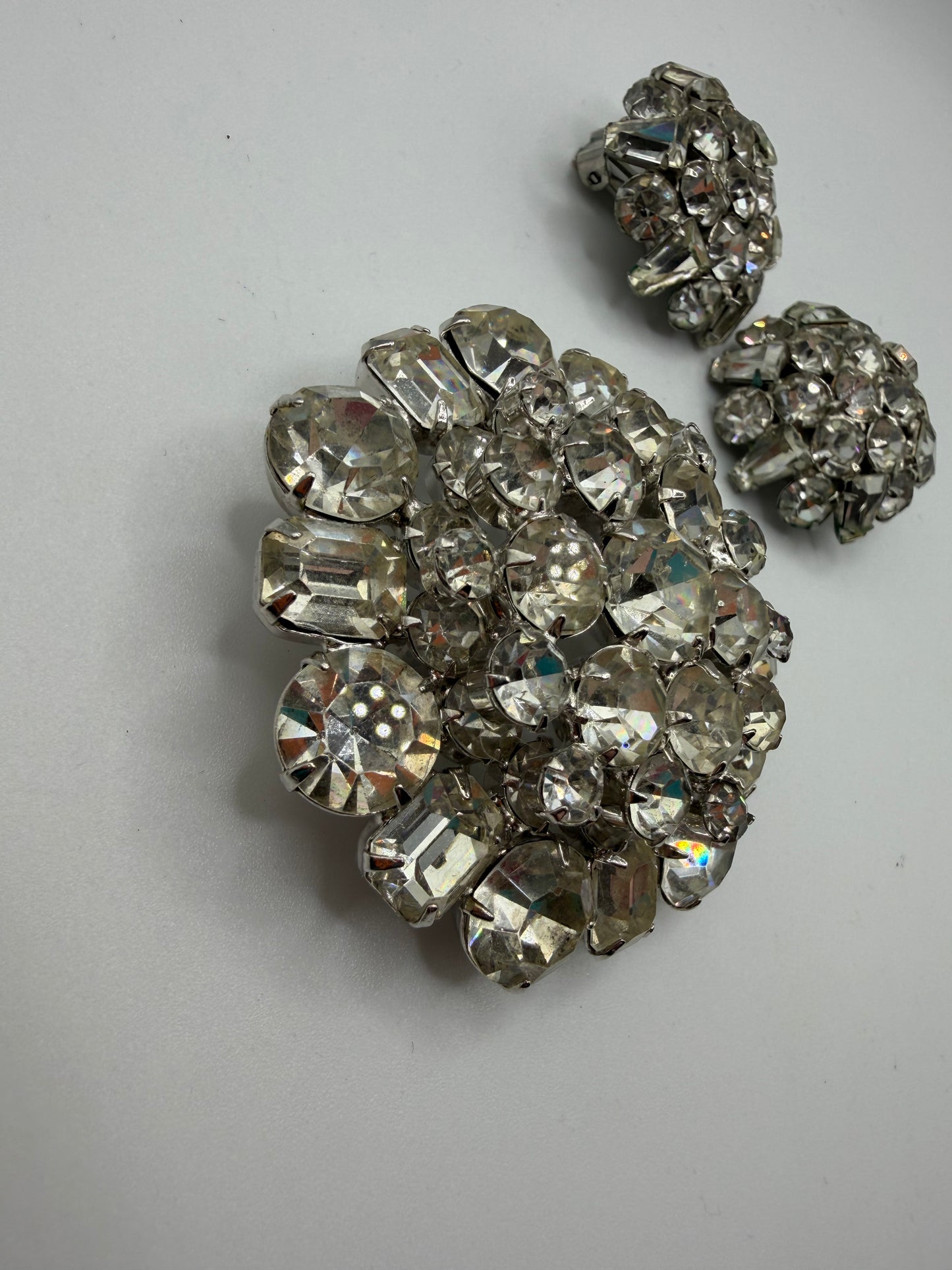 Vintage Sparkling Midcentury Domed Rhinestone Brooch & Earrings Set
