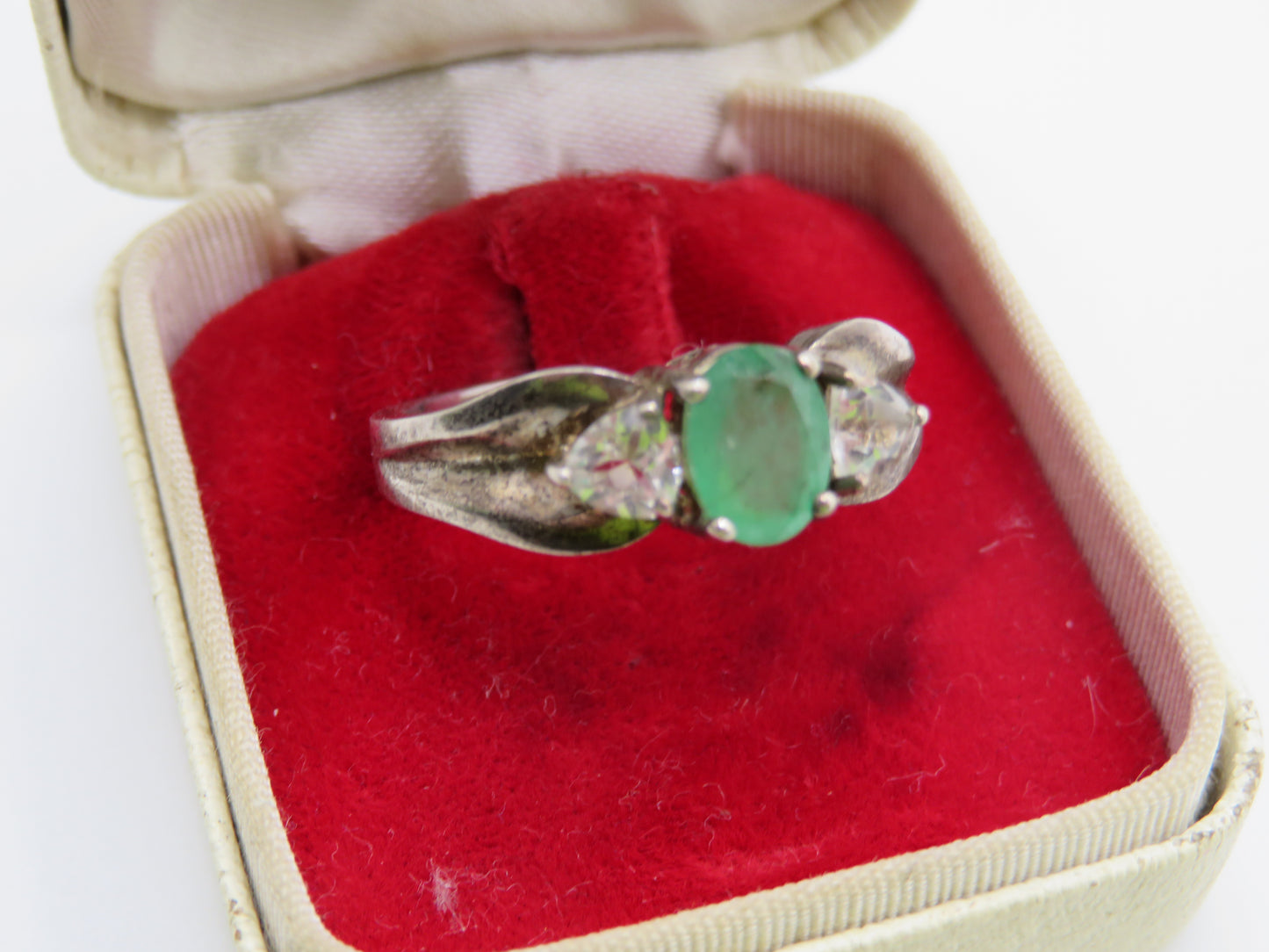 Vintage Sterling Silver Emerald & White Topaz Ring