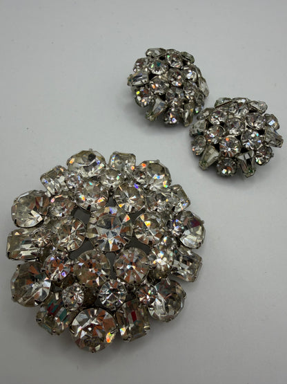 Vintage Sparkling Midcentury Domed Rhinestone Brooch & Earrings Set