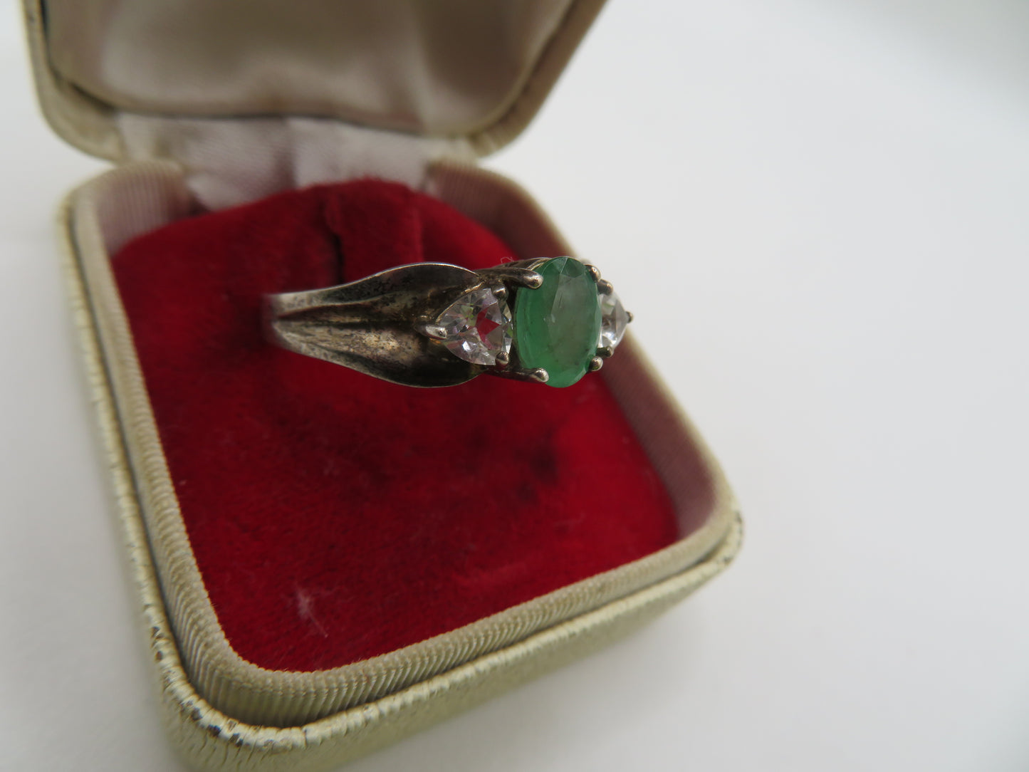 Vintage Sterling Silver Emerald & White Topaz Ring