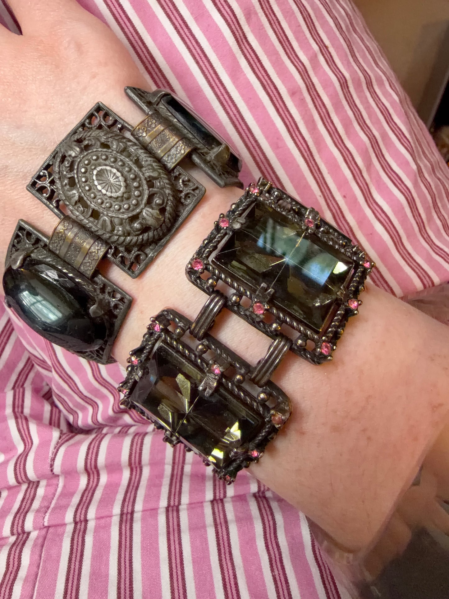 Vintage Victorian Revival Onyx Resin & Filigree Panel Bracelet