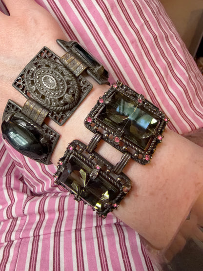 Vintage Victorian Revival Onyx Resin & Filigree Panel Bracelet