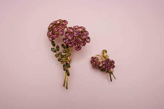 Vintage Rare Vendome Coquette Pink Flower Brooch & Earring Set