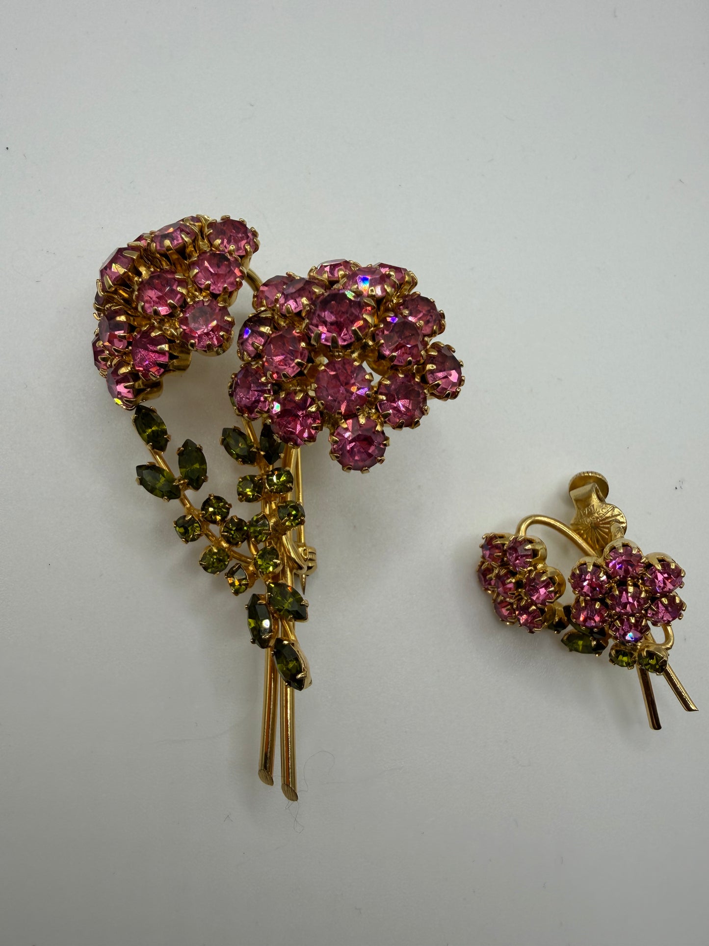 Vintage Rare Vendome Coquette Pink Flower Brooch & Earring Set