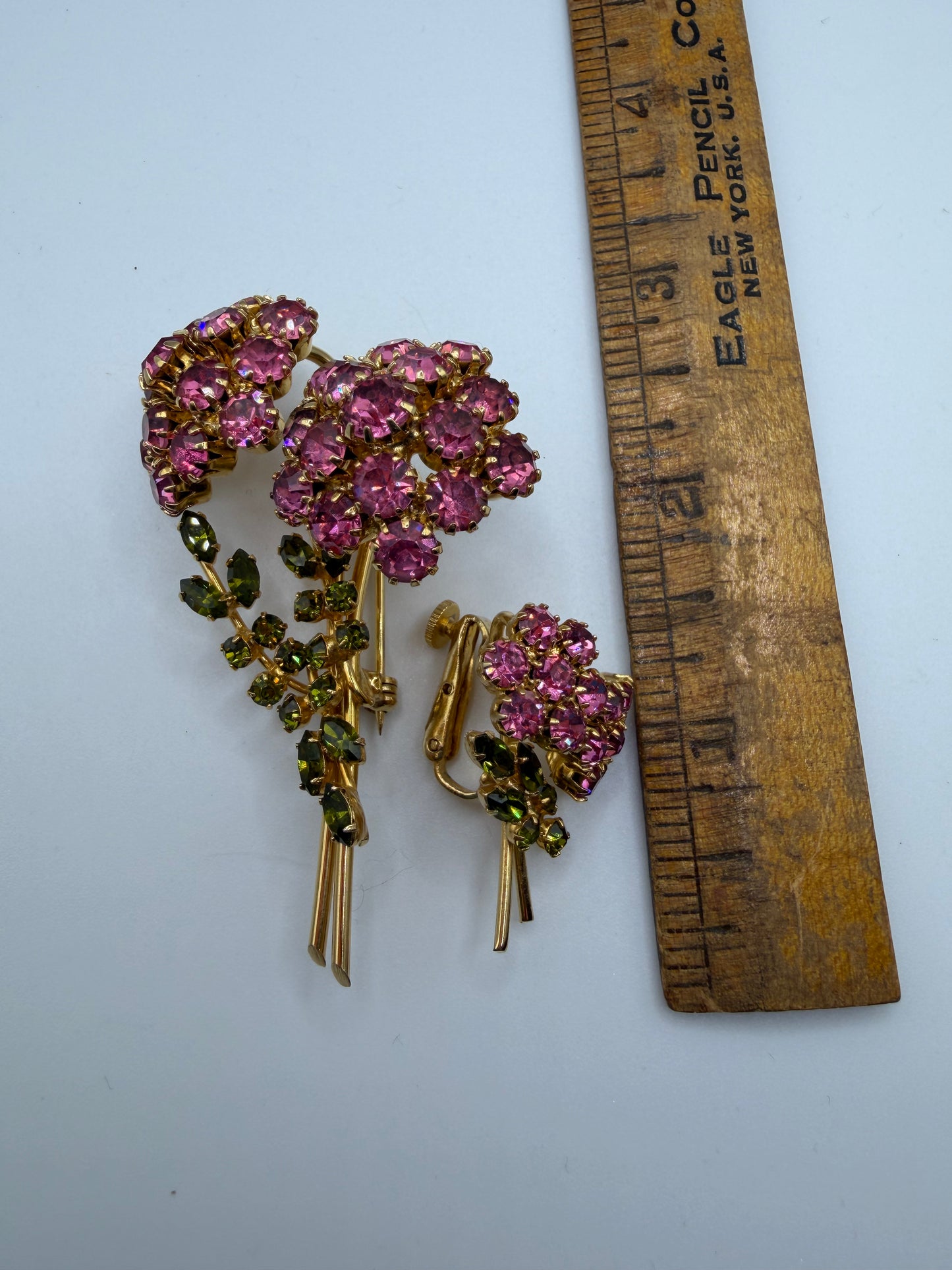 Vintage Rare Vendome Coquette Pink Flower Brooch & Earring Set