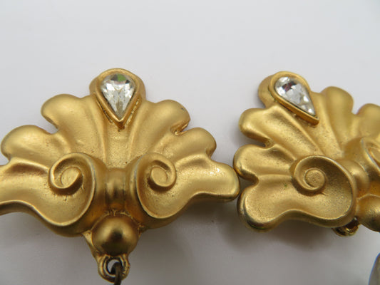 Vintage Gold Rhinestone Chunky Pearl Dangle Clip On Earrings