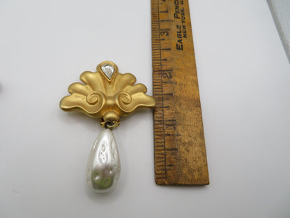 Vintage Gold Rhinestone Chunky Pearl Dangle Clip On Earrings