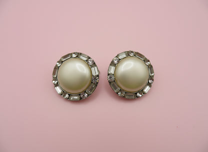 Vintage Chunky Pearl Rhinestone Oversized Clip On Earrings