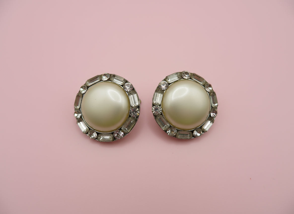 Vintage Chunky Pearl Rhinestone Oversized Clip On Earrings