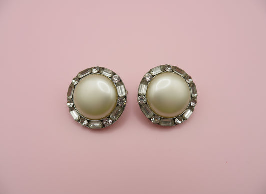 Vintage Chunky Pearl Rhinestone Oversized Clip On Earrings