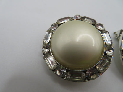 Vintage Chunky Pearl Rhinestone Oversized Clip On Earrings