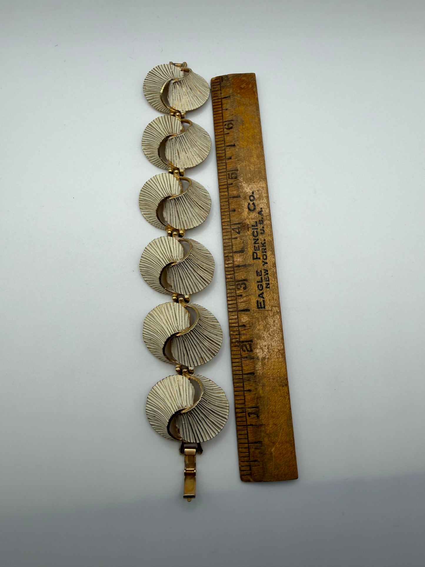 Vintage Gold & White Enamel Shell Statement Bracelet