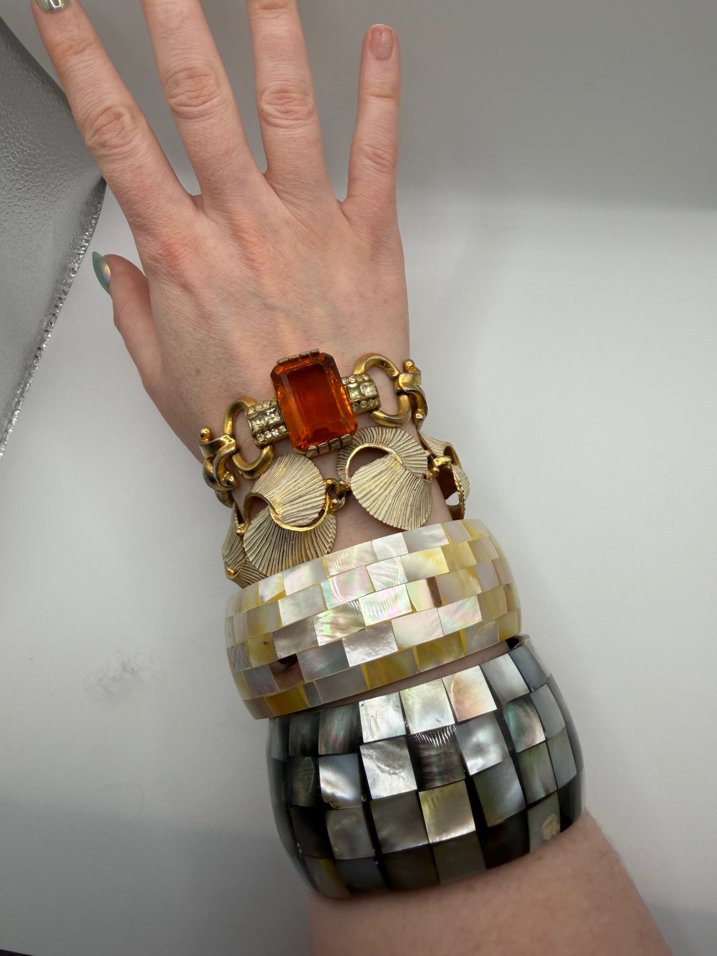 Vintage Chunky Maximalist Mother of Pearl Bangle Set