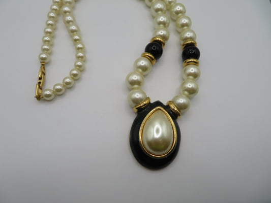Vintage Napier Black Enamel Pearl Statement Necklace