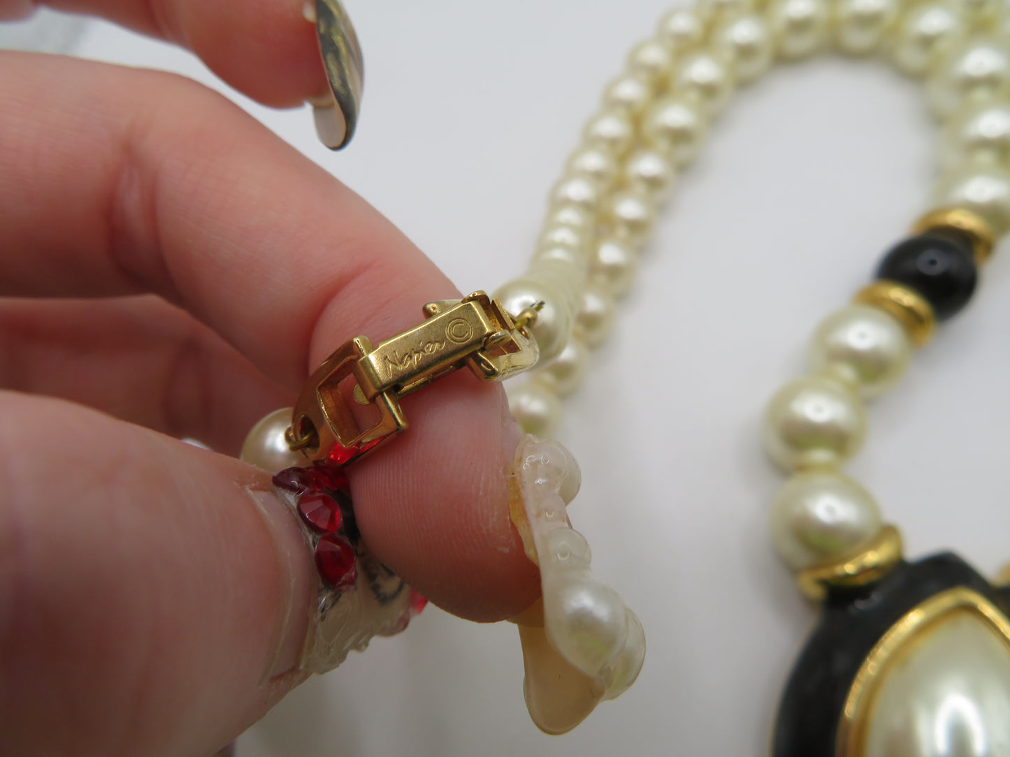 Vintage Napier Black Enamel Pearl Statement Necklace