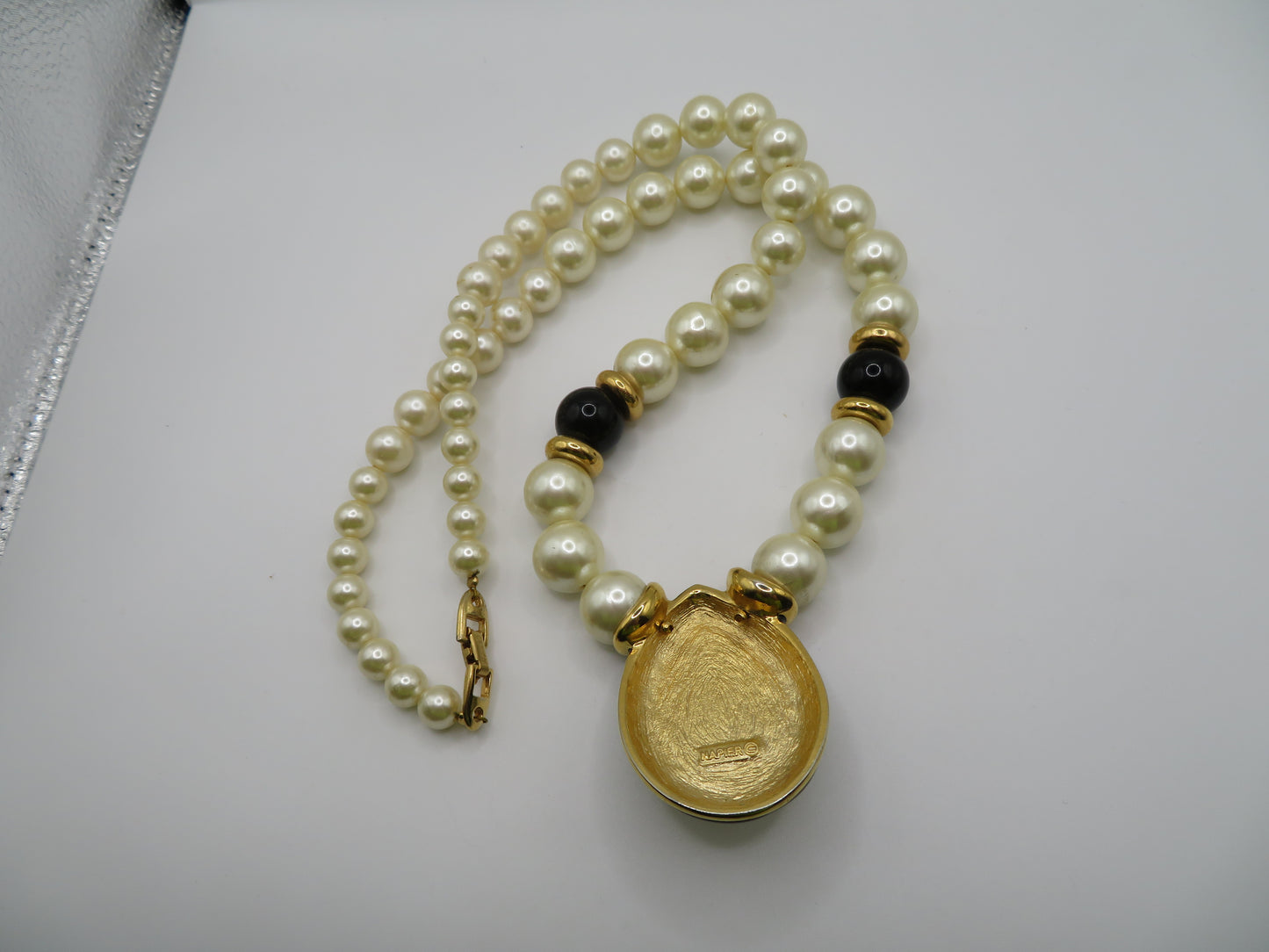 Vintage Napier Black Enamel Pearl Statement Necklace