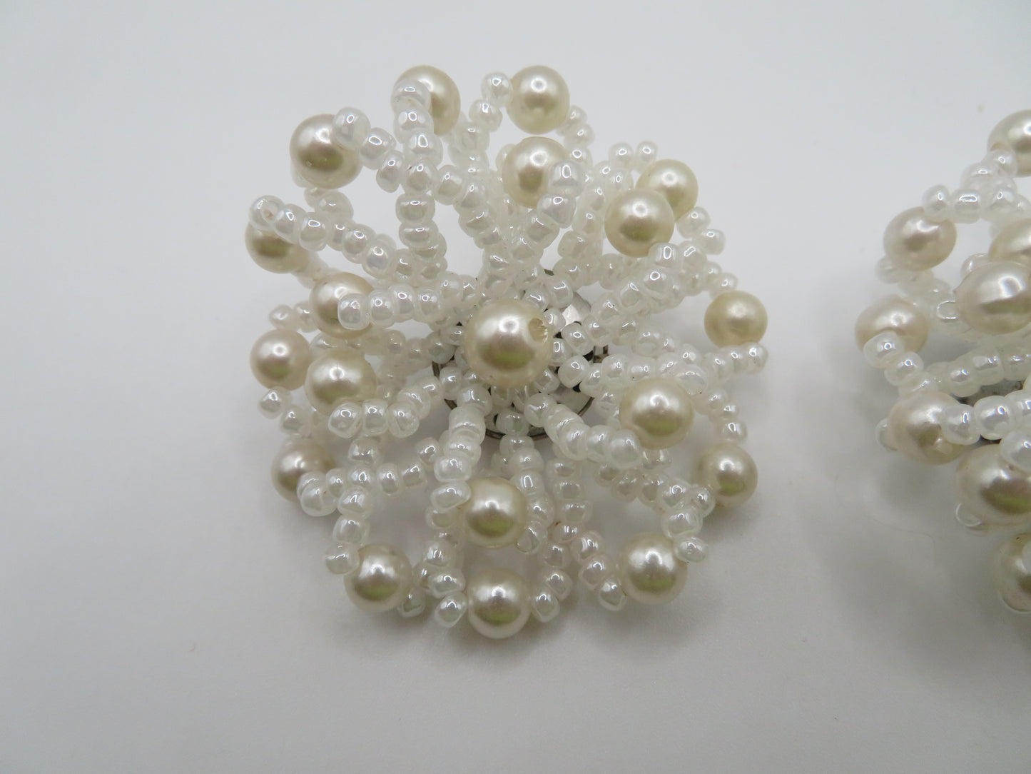 Vintage Beaded Pearl Flower Clip On Earrings