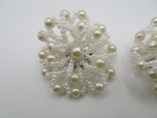 Vintage Beaded Pearl Flower Clip On Earrings