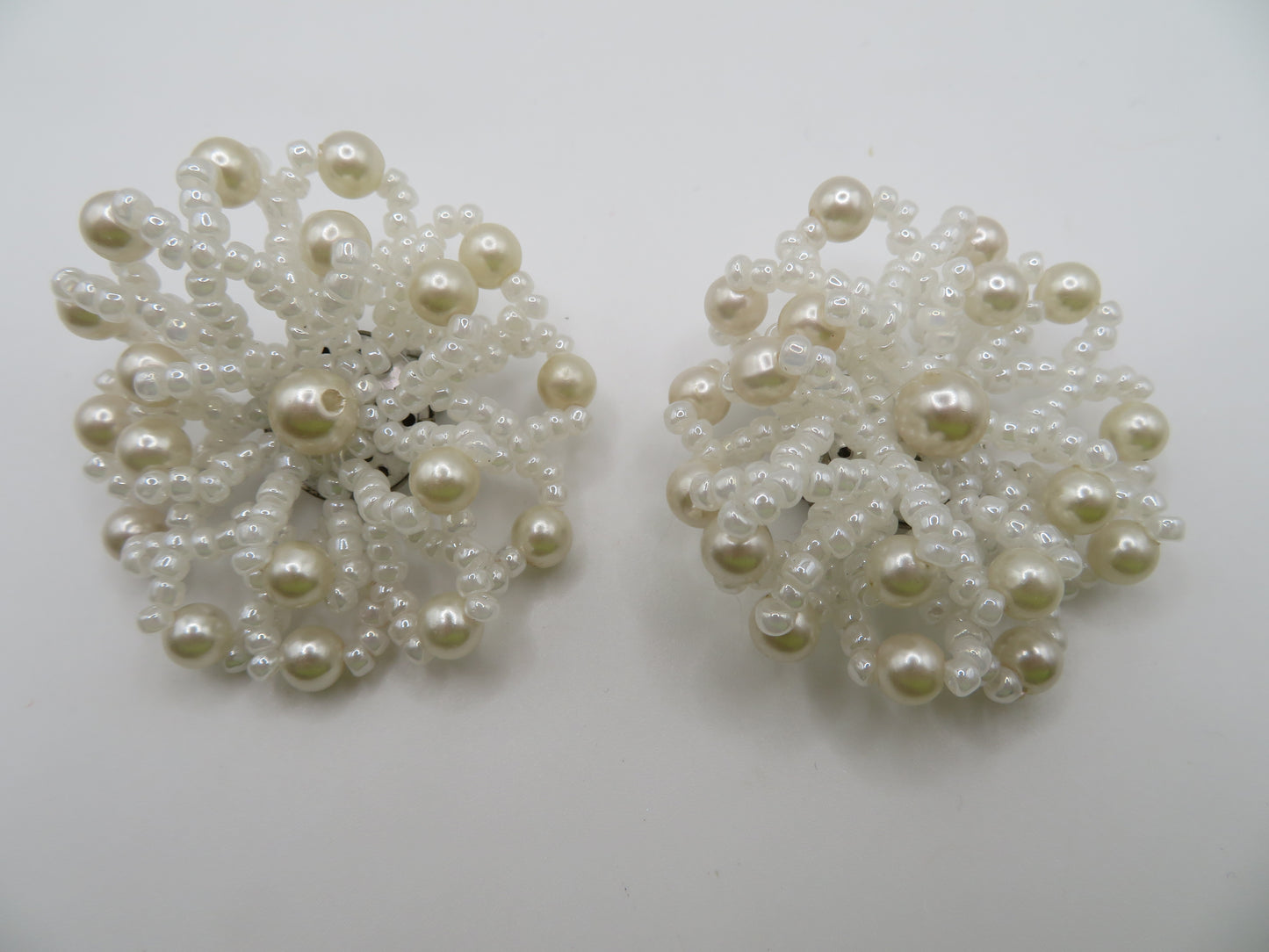 Vintage Beaded Pearl Flower Clip On Earrings