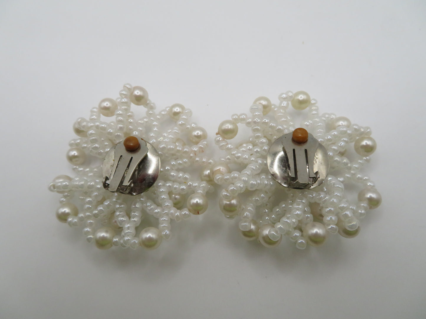 Vintage Beaded Pearl Flower Clip On Earrings