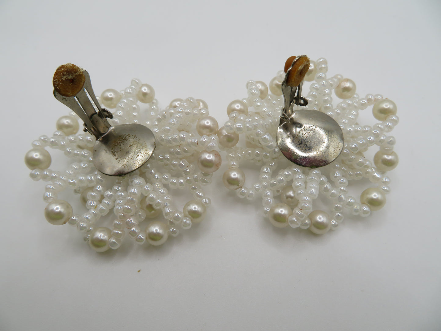 Vintage Beaded Pearl Flower Clip On Earrings