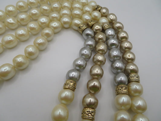 Vintage Chunky Three Tone Double Strand Pearl Necklace