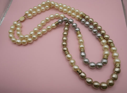 Vintage Chunky Three Tone Double Strand Pearl Necklace