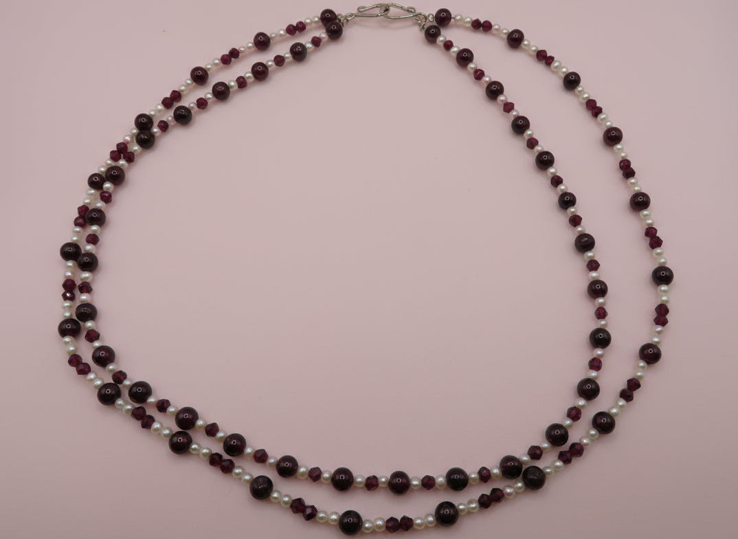 Vintage Double Strand Garnet and Pearl Necklace