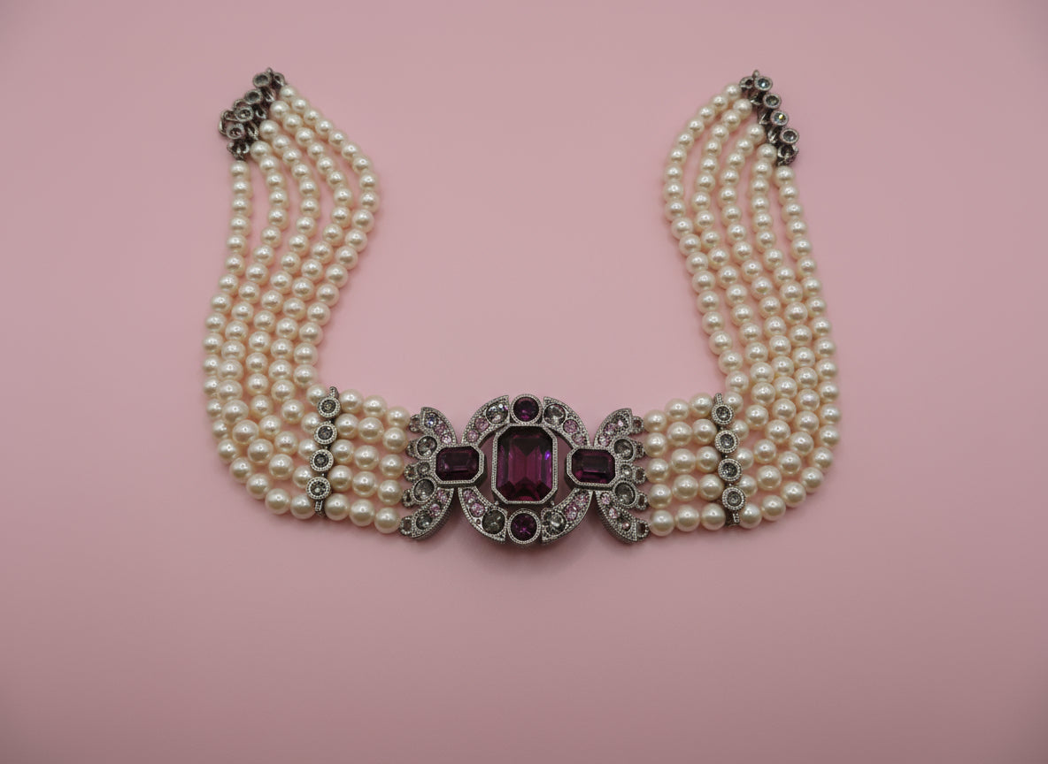 Vintage Decadent Princess 5-Strand Pearl Crystal Choker