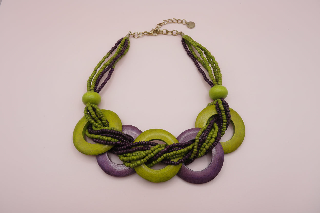 Vintage Eggplant Lime Wooden Statement Necklace