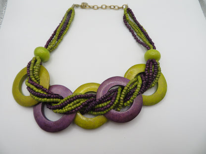 Vintage Eggplant Lime Wooden Statement Necklace