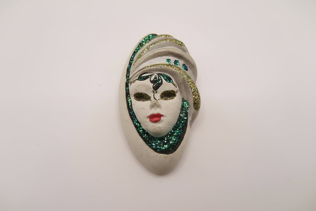 Vintage Whimsical Glitter Venetian Masked Lady Brooch