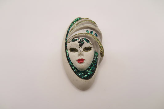 Vintage Whimsical Glitter Venetian Masked Lady Brooch