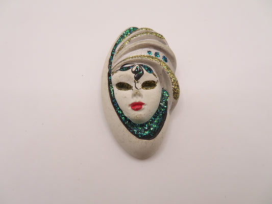 Vintage Whimsical Glitter Venetian Masked Lady Brooch