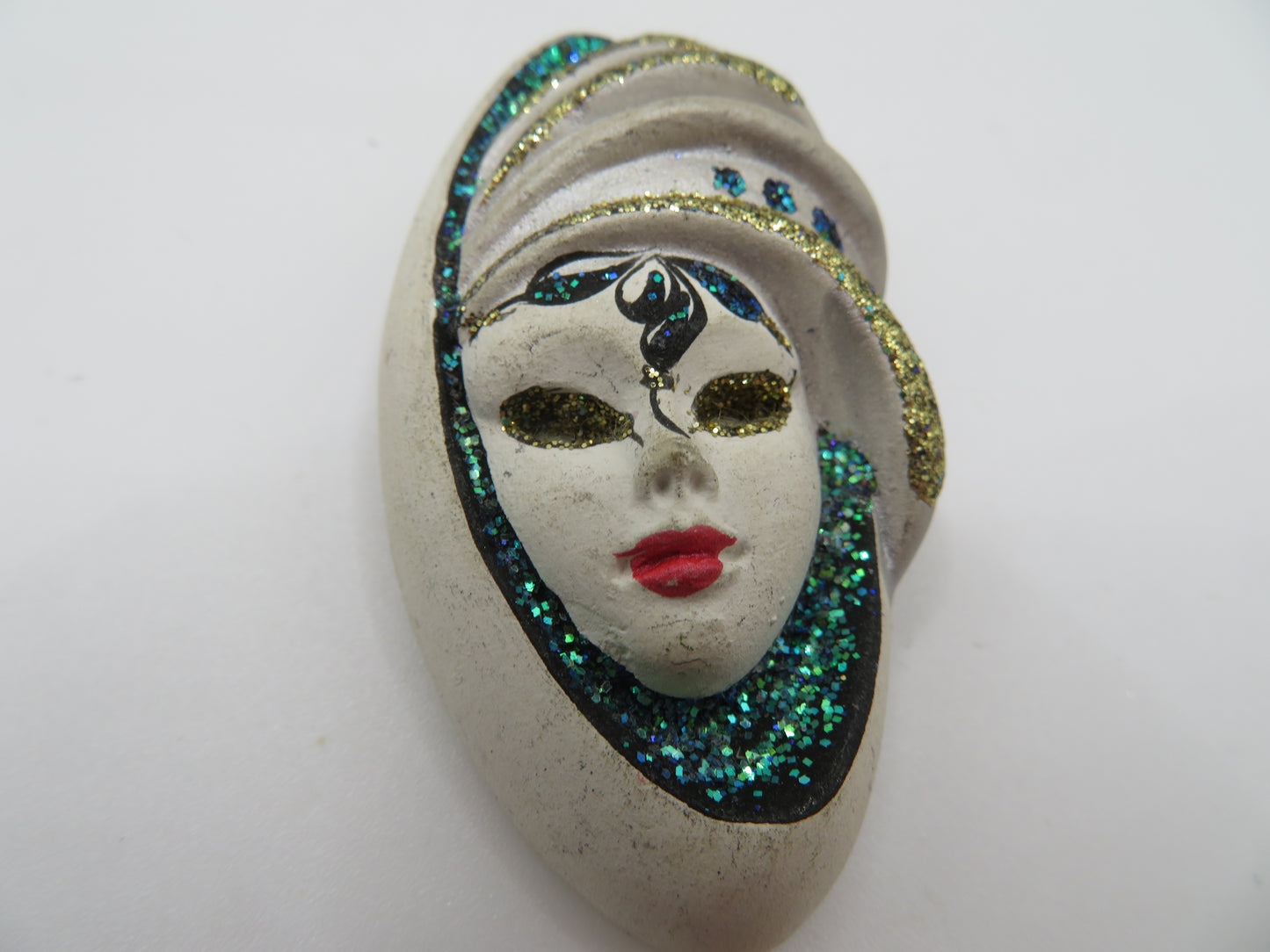 Vintage Whimsical Glitter Venetian Masked Lady Brooch