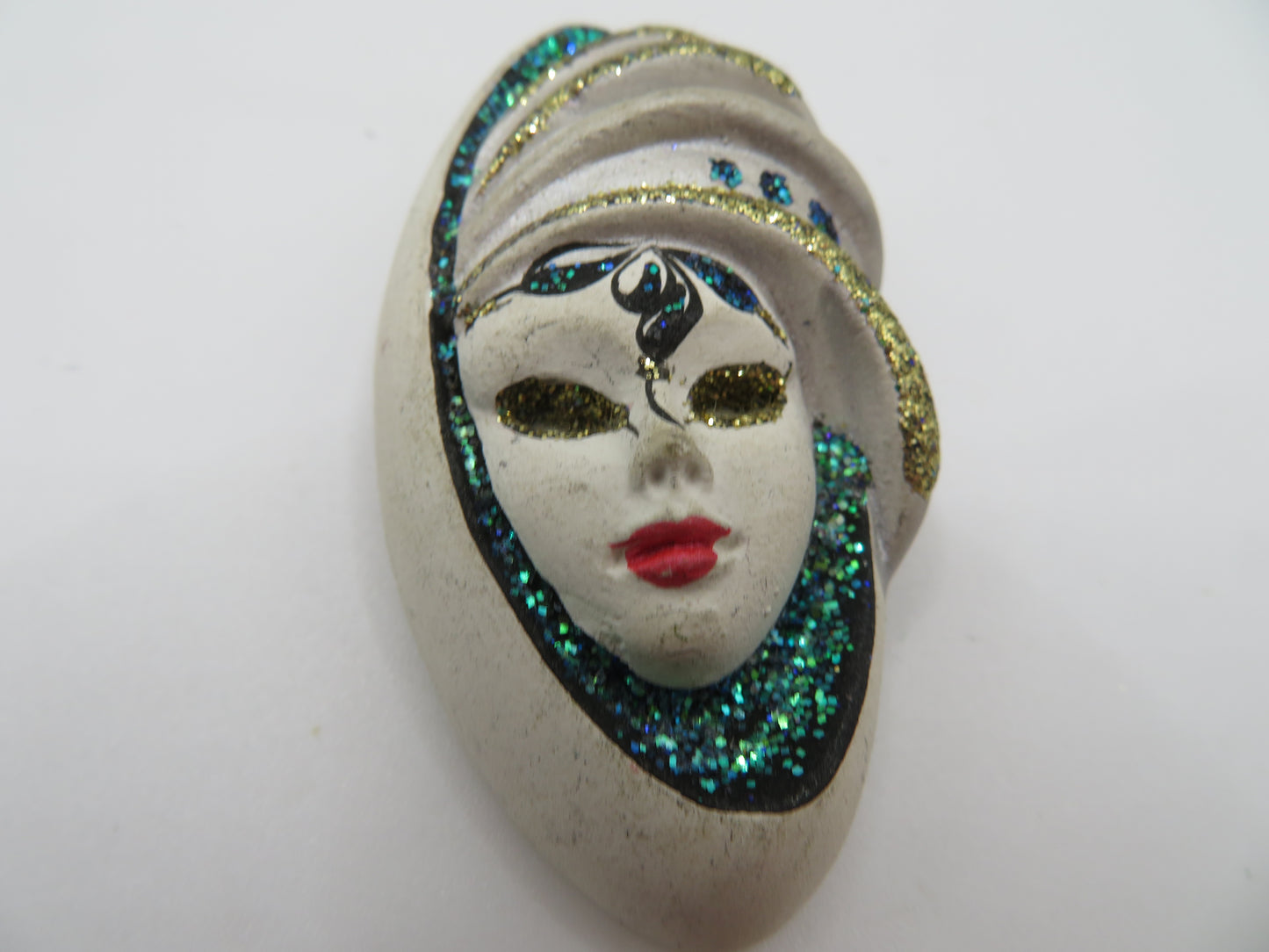 Vintage Whimsical Glitter Venetian Masked Lady Brooch